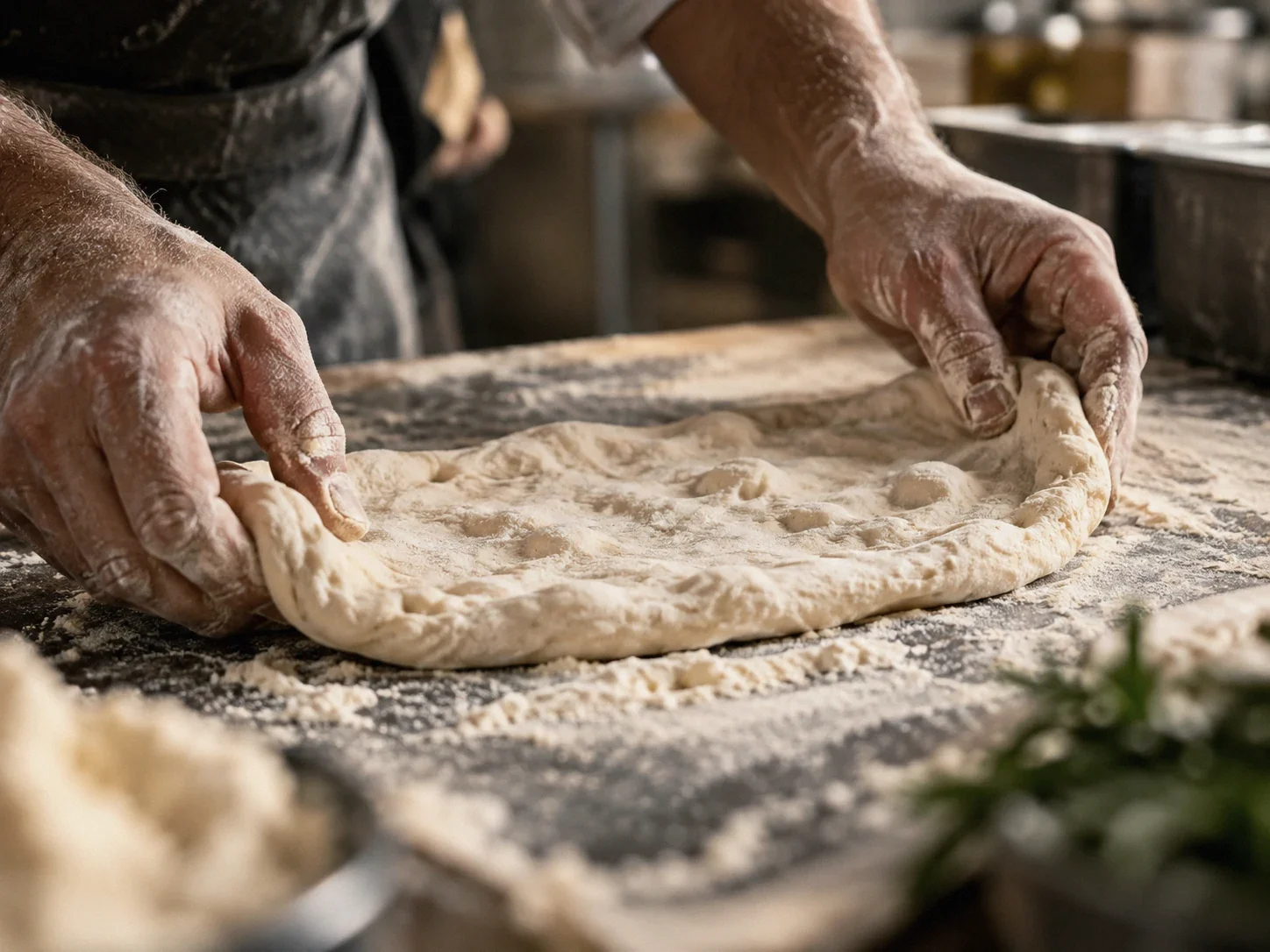 Pinsa-Teig wird von Hand vorbereitet